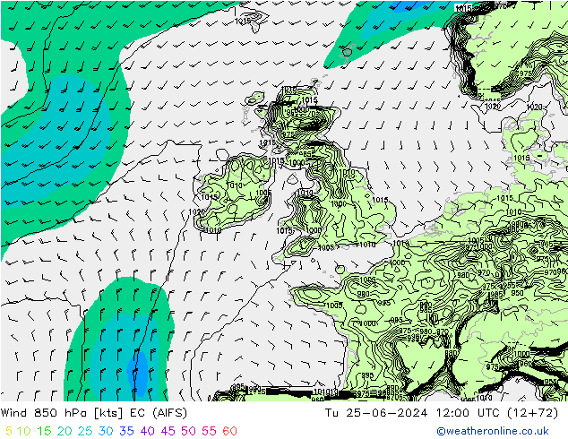 Wind 850 hPa EC (AIFS) Tu 25.06.2024 12 UTC