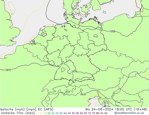 Isotachen (mph) EC (AIFS) ma 24.06.2024 18 UTC