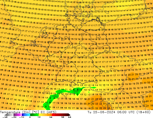 Temperature (2m) EC (AIFS) Tu 25.06.2024 06 UTC