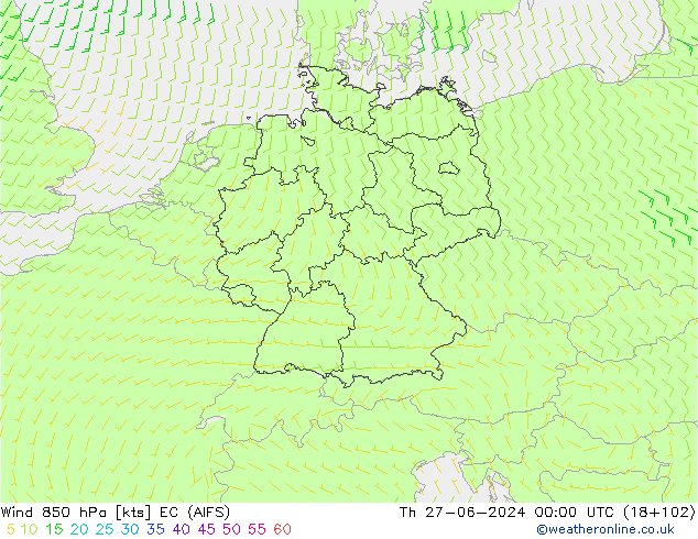 Vento 850 hPa EC (AIFS) gio 27.06.2024 00 UTC