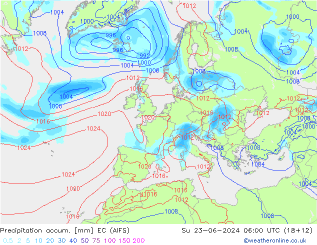 Precipitación acum. EC (AIFS) dom 23.06.2024 06 UTC