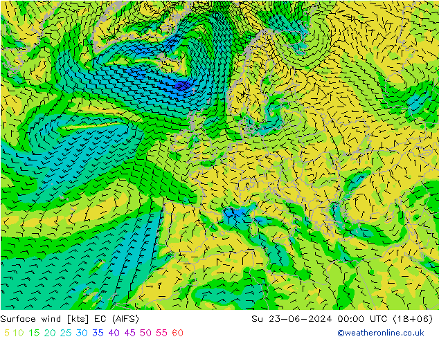 Surface wind EC (AIFS) Su 23.06.2024 00 UTC