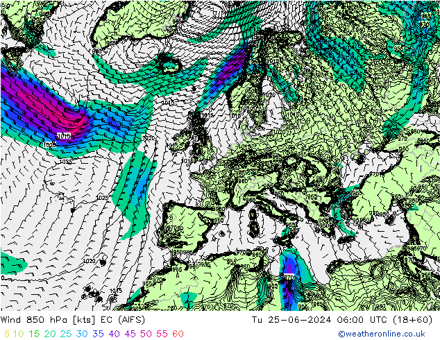 Wind 850 hPa EC (AIFS) di 25.06.2024 06 UTC