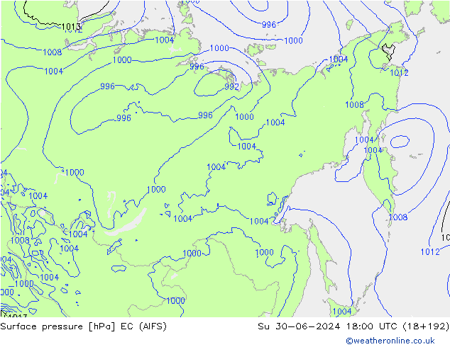 Atmosférický tlak EC (AIFS) Ne 30.06.2024 18 UTC