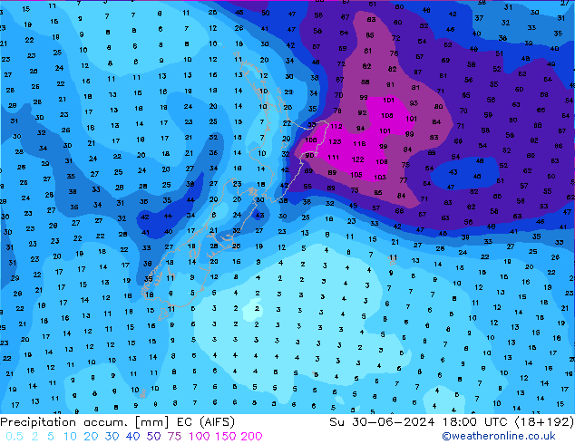 Precipitation accum. EC (AIFS) Вс 30.06.2024 18 UTC