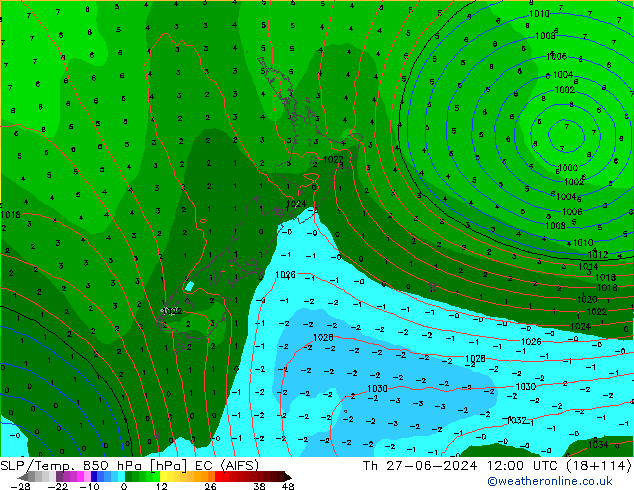 SLP/Temp. 850 hPa EC (AIFS) Th 27.06.2024 12 UTC