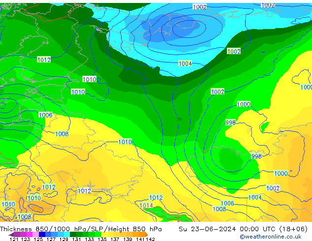 Dikte 850-1000 hPa EC (AIFS) zo 23.06.2024 00 UTC