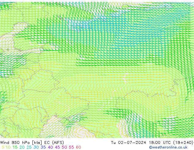 Wind 850 hPa EC (AIFS) Tu 02.07.2024 18 UTC