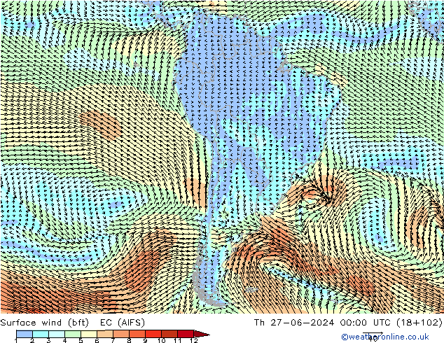 Surface wind (bft) EC (AIFS) Čt 27.06.2024 00 UTC