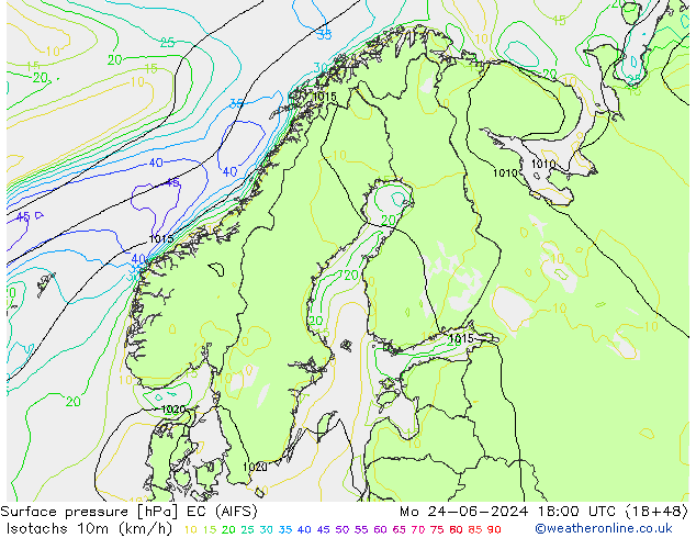 Isotachs (kph) EC (AIFS) пн 24.06.2024 18 UTC