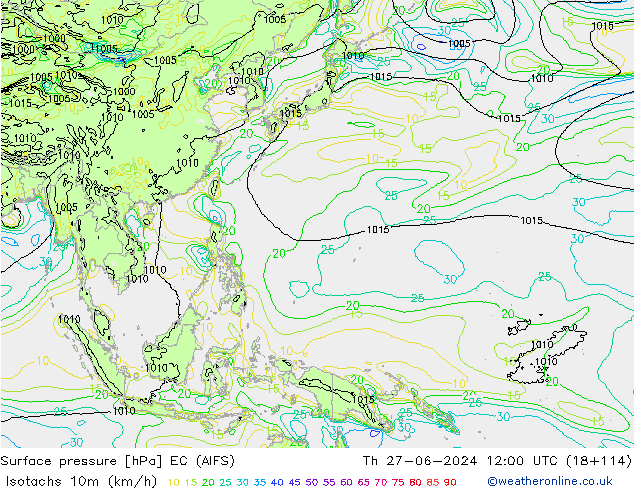 Isotachs (kph) EC (AIFS) чт 27.06.2024 12 UTC