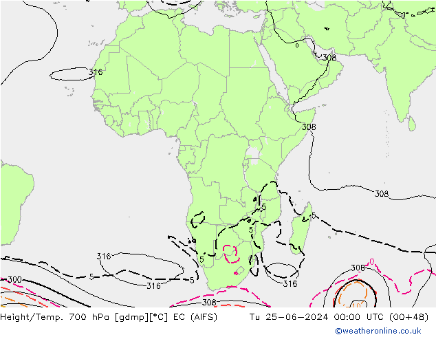 Height/Temp. 700 hPa EC (AIFS) wto. 25.06.2024 00 UTC