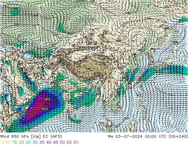 Vento 950 hPa EC (AIFS) mer 03.07.2024 00 UTC