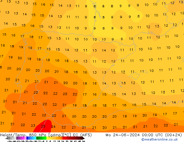 Geop./Temp. 850 hPa EC (AIFS) lun 24.06.2024 00 UTC