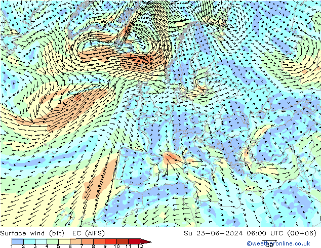 �N 10 米 (bft) EC (AIFS) 星期日 23.06.2024 06 UTC