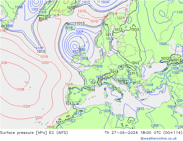 Surface pressure EC (AIFS) Th 27.06.2024 18 UTC