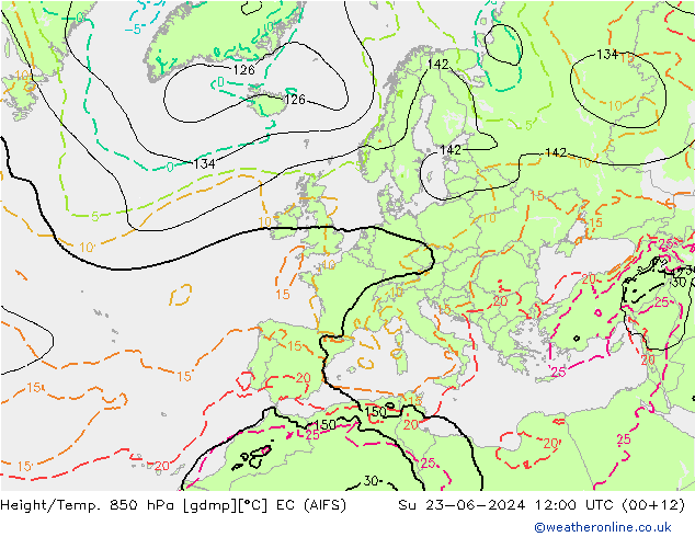 Geop./Temp. 850 hPa EC (AIFS) dom 23.06.2024 12 UTC