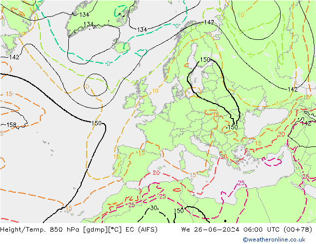 Hoogte/Temp. 850 hPa EC (AIFS) wo 26.06.2024 06 UTC