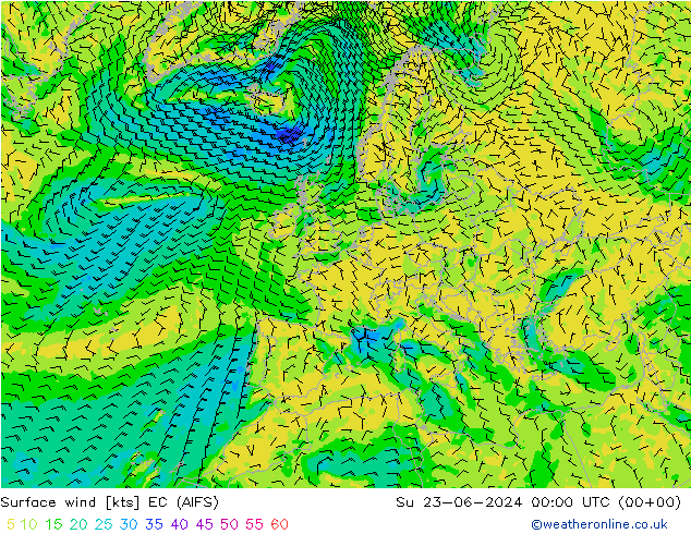 Viento 10 m EC (AIFS) dom 23.06.2024 00 UTC