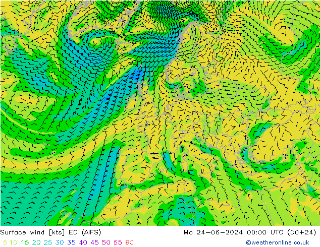 Viento 10 m EC (AIFS) lun 24.06.2024 00 UTC