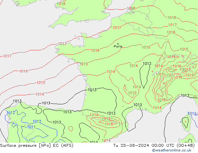 Surface pressure EC (AIFS) Tu 25.06.2024 00 UTC