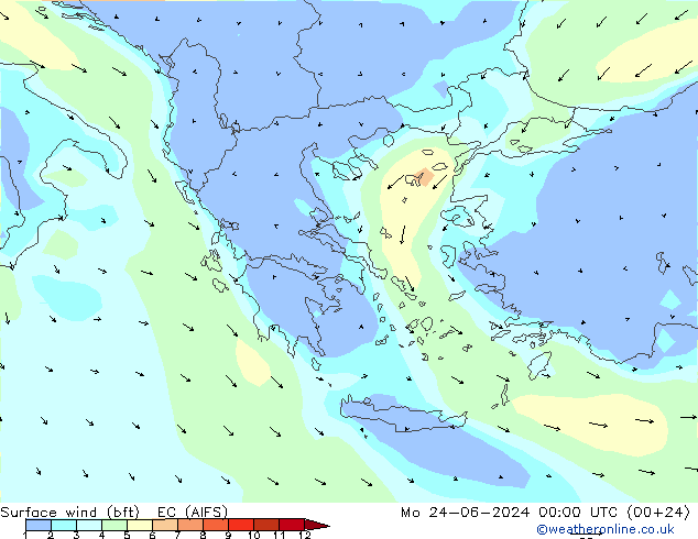 Viento 10 m (bft) EC (AIFS) lun 24.06.2024 00 UTC