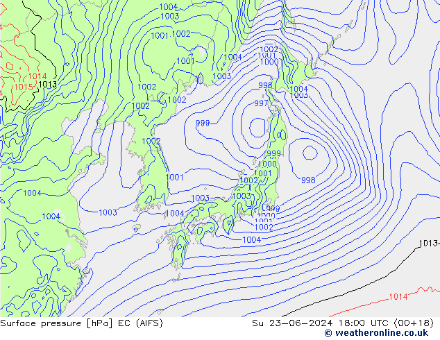 Atmosférický tlak EC (AIFS) Ne 23.06.2024 18 UTC