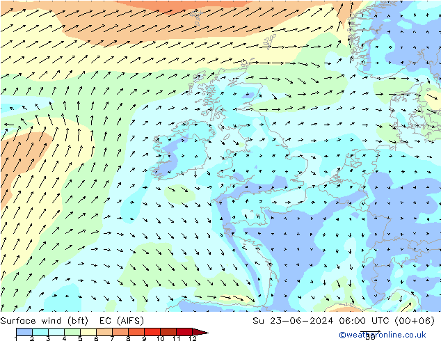 Surface wind (bft) EC (AIFS) Su 23.06.2024 06 UTC