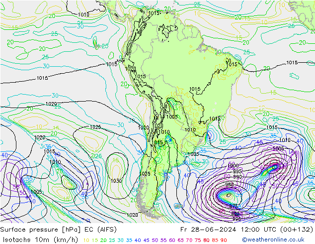Isotachs (kph) EC (AIFS) Fr 28.06.2024 12 UTC