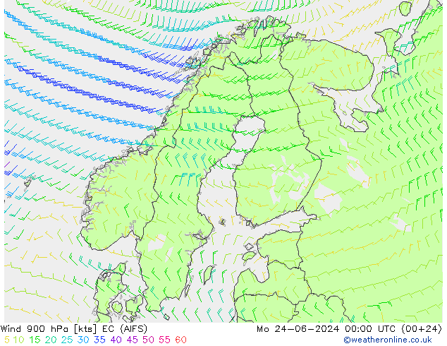 Wind 900 hPa EC (AIFS) Mo 24.06.2024 00 UTC