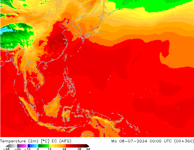 Temperature (2m) EC (AIFS) Mo 08.07.2024 00 UTC