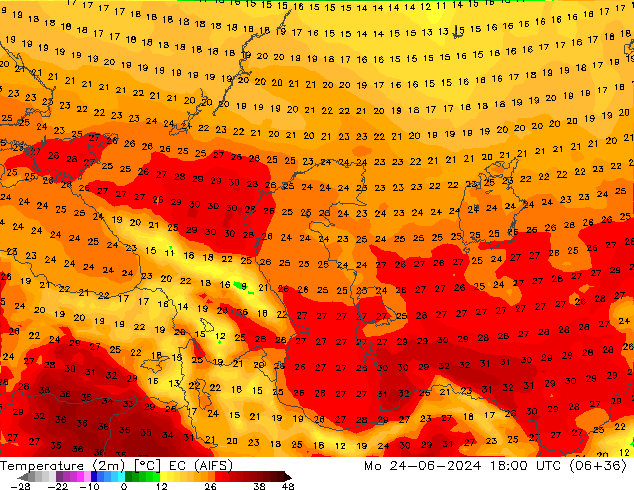 Temperatuurkaart (2m) EC (AIFS) ma 24.06.2024 18 UTC