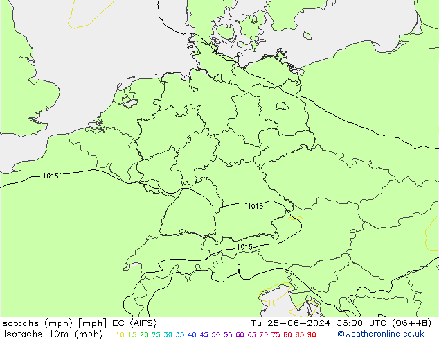 Isotachen (mph) EC (AIFS) di 25.06.2024 06 UTC