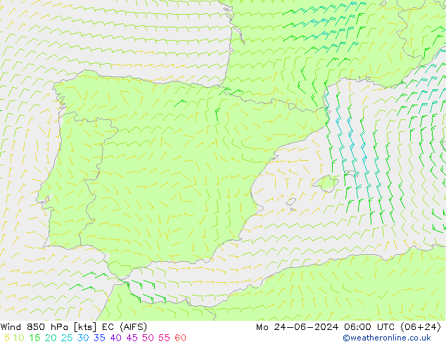 Wind 850 hPa EC (AIFS) Mo 24.06.2024 06 UTC