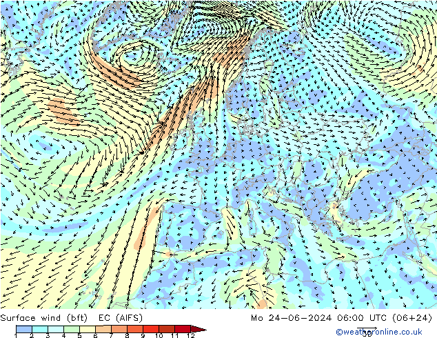 Viento 10 m (bft) EC (AIFS) lun 24.06.2024 06 UTC