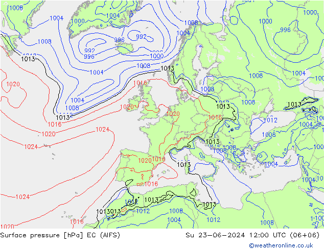 Atmosférický tlak EC (AIFS) Ne 23.06.2024 12 UTC