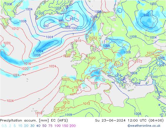 Precipitation accum. EC (AIFS) Su 23.06.2024 12 UTC