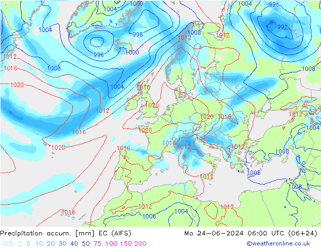 Totale neerslag EC (AIFS) ma 24.06.2024 06 UTC