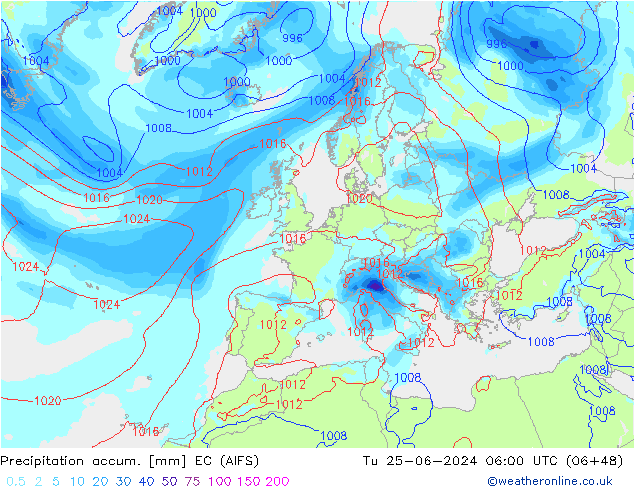 Précipitation accum. EC (AIFS) mar 25.06.2024 06 UTC