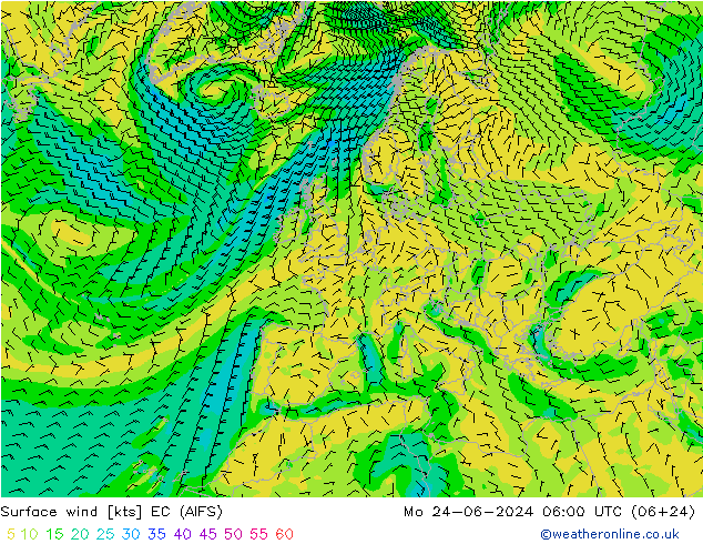 Viento 10 m EC (AIFS) lun 24.06.2024 06 UTC