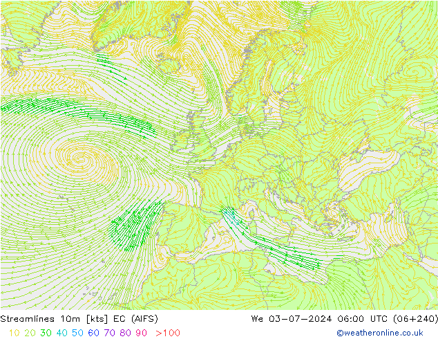 Stromlinien 10m EC (AIFS) Mi 03.07.2024 06 UTC