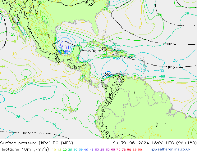 Isotachs (kph) EC (AIFS) Su 30.06.2024 18 UTC