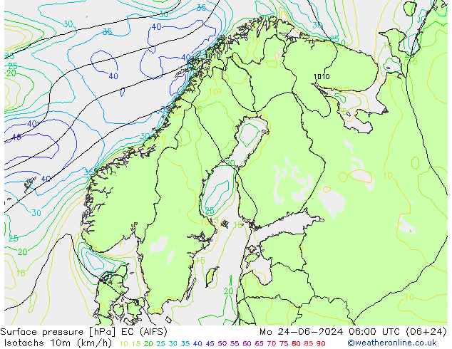 Isotaca (kph) EC (AIFS) lun 24.06.2024 06 UTC