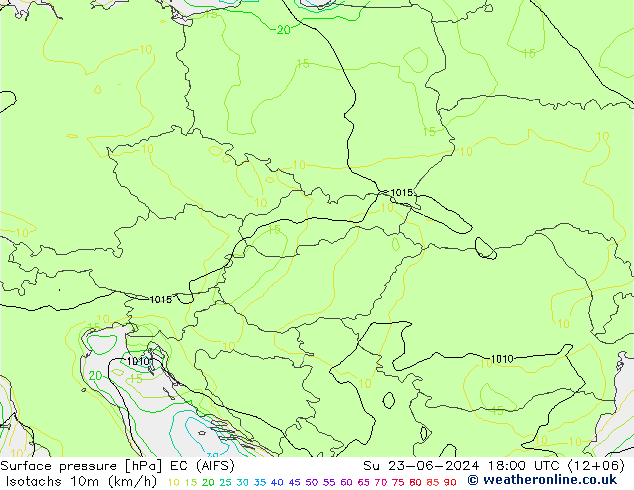 Isotachen (km/h) EC (AIFS) zo 23.06.2024 18 UTC