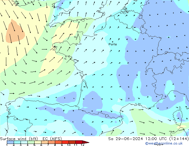 wiatr 10 m (bft) EC (AIFS) so. 29.06.2024 12 UTC