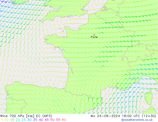 Wind 700 hPa EC (AIFS) Mo 24.06.2024 18 UTC