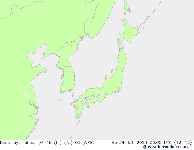 Deep layer shear (0-1km) EC (AIFS) Pzt 24.06.2024 06 UTC