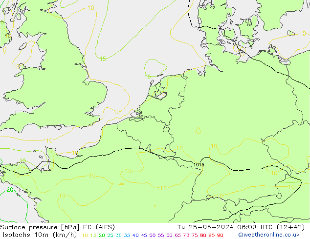 Isotachs (kph) EC (AIFS) вт 25.06.2024 06 UTC