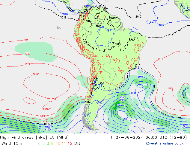 High wind areas EC (AIFS) gio 27.06.2024 06 UTC