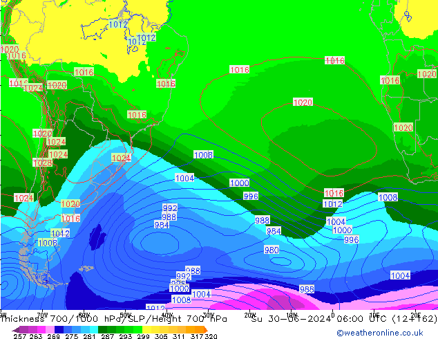 Thck 700-1000 hPa EC (AIFS) Dom 30.06.2024 06 UTC